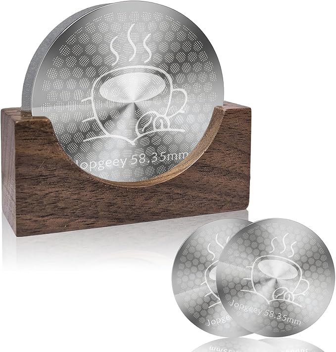 2 Pack 58.35mm Espresso Puck Screen with Stand, 0.9mm 150μm Ultra Thin Reusable Coffee Filter Compatible with Breville Barista 58.5mm Portafilter Basket, 304 Stainless Steel Espresso Machine Accessory