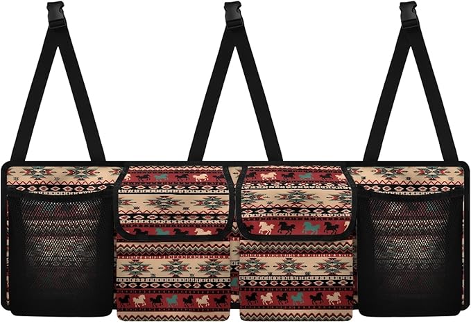 CLOHOMIN Southwest Aztec Horse Car Seatback Organizer Large Capacity Car Trunk Organizer Hanging Car Storage Bags with 4 Pockets Washable Car Trunk Mesh Storage Car Decor