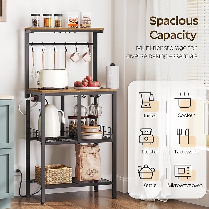Bakers Rack with Power Outlet, Microwave Stand with Paper Holder, Coffee Bar Station with Wine Glass Holder, 4-Tier Kitchen Storage Rack for Dining Room, Living Room, Rustic Brown HB02UBR