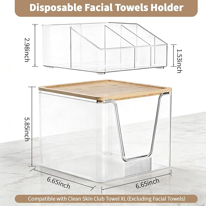 2 in 1 Disposable Facial Towel Holder and Cosmetic Organizer, Clear Storage with Bamboo Lid Compatible with Clean Skin Club Towel XL, Stackable Vanity Organizer for Bathroom Vanity Counter (1 Pack)