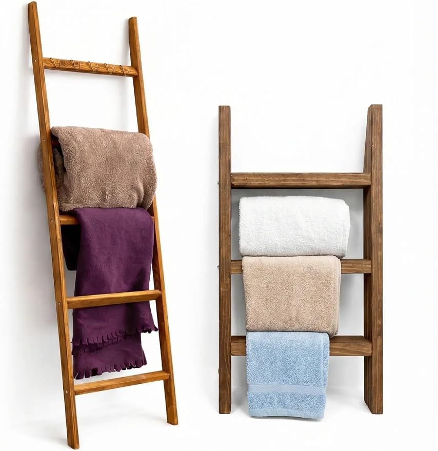 2 Pack Wooden Ladder Set, 1 pcs Blanket Ladder and 1 pcs Towel Ladder - Beech Wood 59'' inc 5 Tier and 5 Extra Hooks Blanket Ladder, Living Room and Bathroom Home Decor, Wall Decorative Shelves
