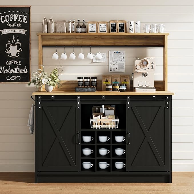 4ever2buy Farmhouse Coffee Bar Cabinet with Storage, 47'' Buffet Cabinet with Hutch and Sliding Barn Door, Coffee Bar with 9 Wine Racks and 6 Hooks for Dining Room, Living Room, Black
