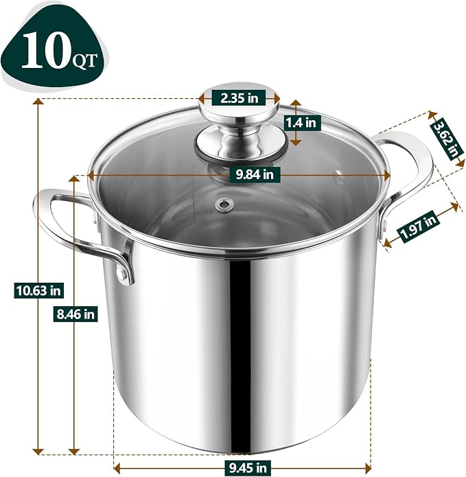 P&P CHEF 10 Quart Stainless Steel Stock Pot with Lid, Large Stockpot for Cooking Pasta Soup, Cookware for Induction Gas Electric Stoves, Visible Lid & Measuring Markings, Dishwasher Safe