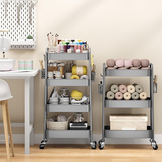 TOOLF 4 Tier Rolling Cart with Pegboard, Metal Storage Organizer Cart with Wheels, Hooks & Bins Esthetician Craft Art Sturdy Storage for Bathroom, Kitchen, Office, Nursery Diaper