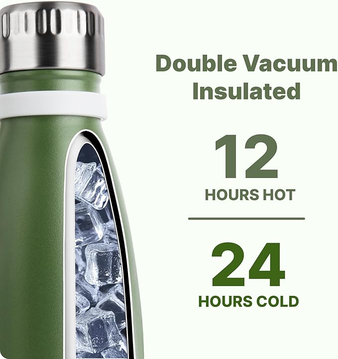 VINUR 9 oz Small Water Bottle | Leak-Proof Stainless Steel Metal Water Bottle with Carry Rope for School Travel, Grass Green