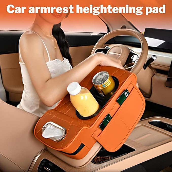 LAFANDE Car Armrest Cushion | Heightening Pad Arm Rest for Car, Center Console Cover with Storage Bags Cup Holder, Tissue Box Slot, Easy to Install and Clean