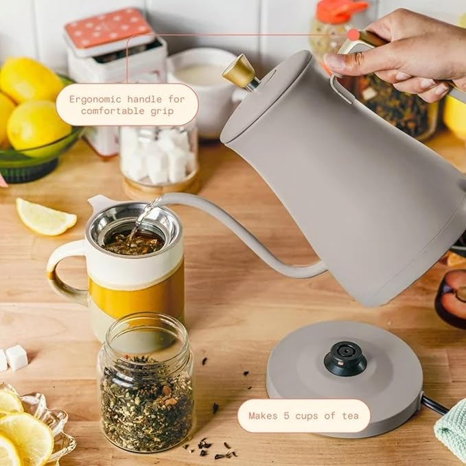 Electric Gooseneck Kettle 1 Liter 1200W, Stainless Steel, Pour Over Coffee Tea, Auto Shut-Off, 360° Cordless Power Base (Porcini Taupe)