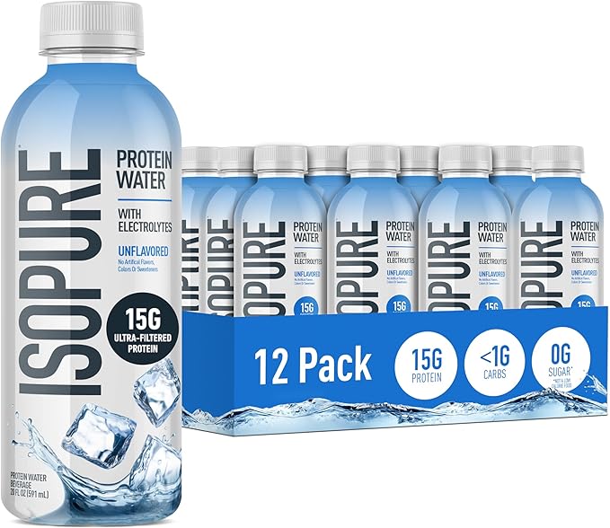 Isopure Clear Protein Water with Electrolytes, 15g Whey Protein Isolate, Zero Sugar, Unflavored, 20 fl oz Bottles, 12-Pack