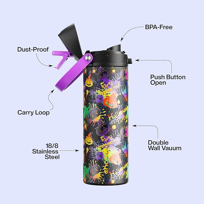 Insulated Water Bottle with Straw - Encool Stainless Steel Water Bottle with Push Button Lid, Leak-Proof & BPA-Free, Keeps Cold for 24 Hours for Sports, Travel, Gym (24 oz, Ghost Party)