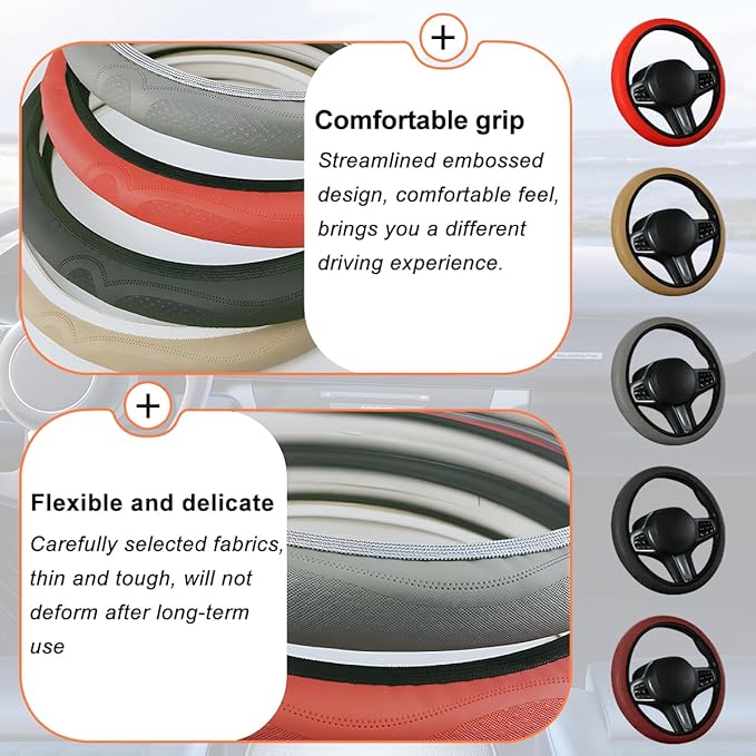 Car Steering Wheel Cover, 15 Inch Leather Soft Elastic Stretch Anti Slip Auto Steering Wheel Wrap Guard, Breathable Vehicle Interior Accessories, Universal for SUV RV Truck (Red)