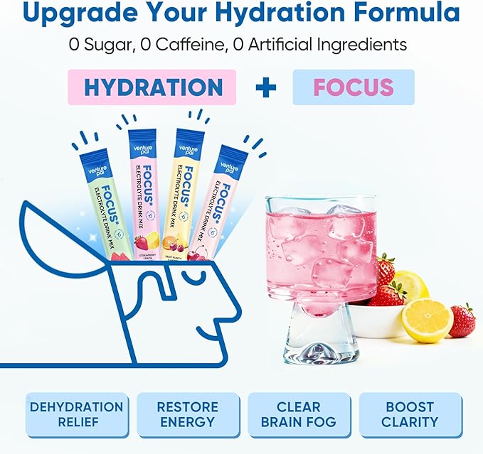 Venture Pal 2-in-1 Hydration Packets + Focus Support Electrolytes Powder, 7 Electrolytes + Vitamins, Magnesium, Lion's Mane & L-Theanine | Sugar Free Liquid Daily IV Drink Mix, Vegan, Keto, 16 Sticks