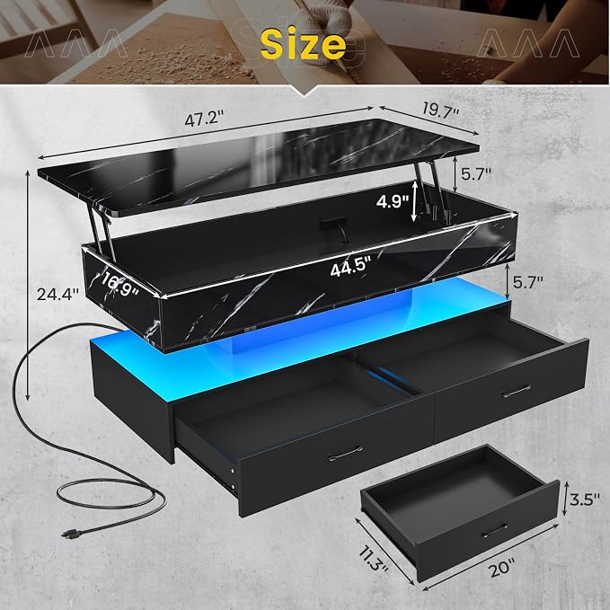 SEDETA 47.2" Lift Top Coffee Table, Coffee Tables with Storage for Living Room, 2 Drawers Coffee Table with Power Outlet & LED Light for Dining Reception Room, High Gloss Black Marble