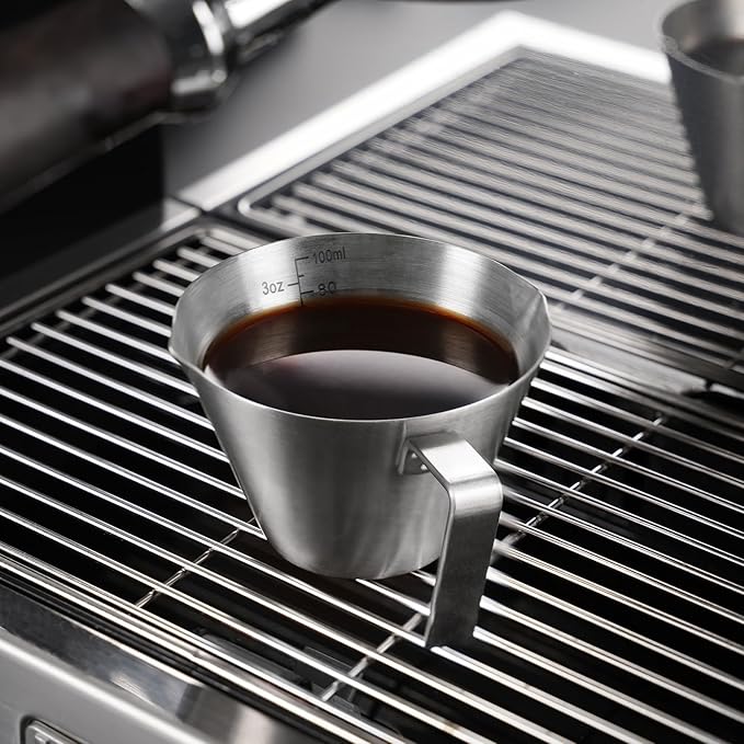 YARRAMATE 4 Pcs Stainless Steel Espresso Cups with Handle, Double Spout Metal Measuring Cup with Dual Scale, Espresso Shot cup with V-Shaped Mouth, 3.4OZ/100ML(Silver)