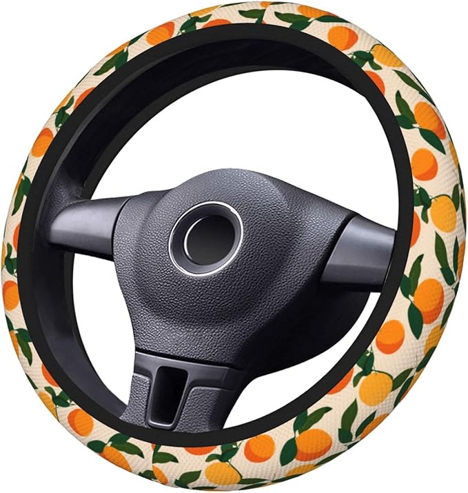 Oranges Green Leaves Steering Wheel Cover for Women Men Girls, Car Accessories Decor Thickened Anti-Slip Auto Steering Wheel Covers Protector Universal Fit 15 Inch for Cars, Truck, SUV