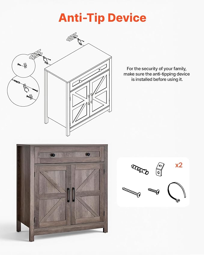 VEVOR Buffet Cabinet, Farmhouse Sideboard Cabinet with Drawer, Coffee Bar Cabinet with 2 Barn Door, Sideboard Buffet Station for Living Room, Entryway, Kitchen, 29.5 x 14.7 x 31.5 in, Grey