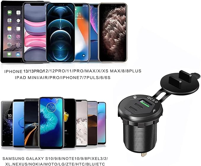 12V USB Outlet Wire USB Charger Multi Port, Dual PD3.0 USB-C and Quick Charge3.0 Car Port Socket IP66 Waterproof, Fast Charge for Phone lPad Android Phones, Suitable for Car Boat RV Marine ATV