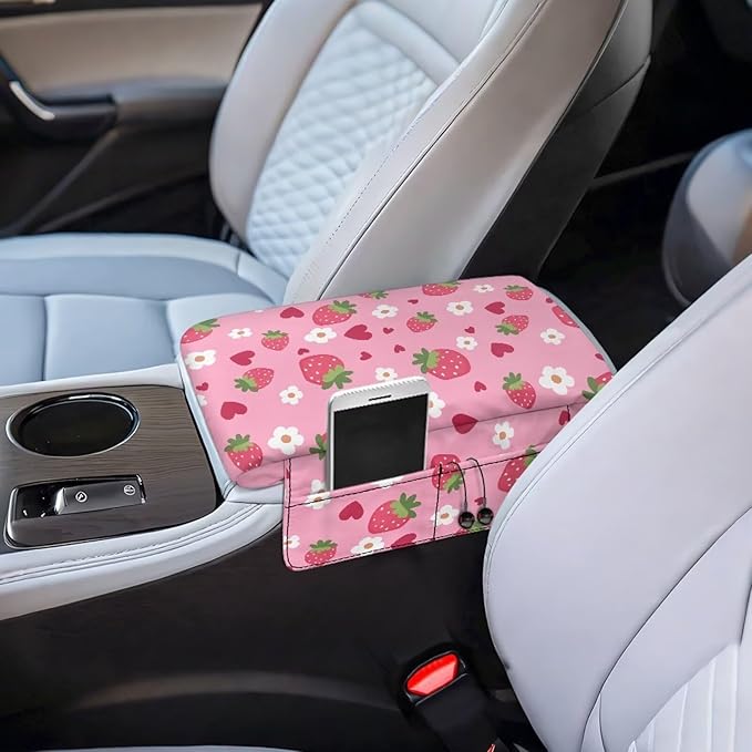 Dreaweet Car Center Console Cover Cute Strawberry Arm Rest Cover for Car Women Soft Thick Center Console Armrest Pad with Pockets Soft Comfortable Car Armrest Storage Box Mat