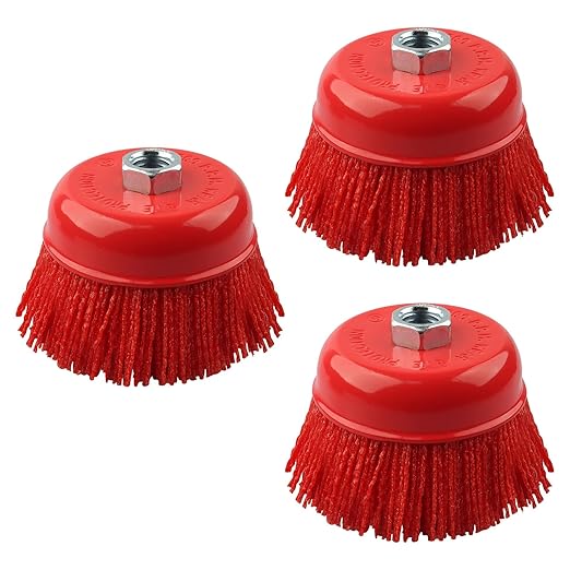 3" Nylon Cup Brush with Mild Abrasive, 3 Pcs Wire Cup Brush 4 1/2 Angle Grinder with 5/8 Inch-11 Threaded Arbor, Quickly Remove Rust, Paint - Surface Prepping for Truck Bed Liner Scuffing
