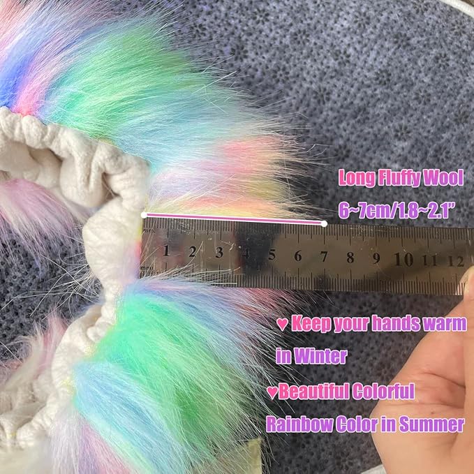 Rainbow Colorful Fluffy Steering Wheel Cover, Girly Long Fuzzy Furry Wool Sheepskin Fur Car Wheel Protector with Light Pink Soft Warm Handbrake Cover Gear Shift Cover for Women/Girl/Ladies 14.5-15"