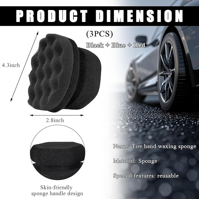 3 PCS Tire Dressing Applicator Pads, Reusable Hex Grip Tire Shine Applicator Polishing Sponge Pads, Wheel Tire Shine Detailing Foam for Most Vehicles, Car Accessories (Black+Blue+Red, 4.33")