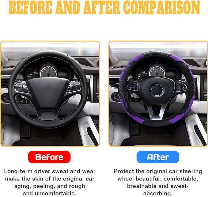 Car Steering Wheel Cover, 15 inch Carbon Fiber Microfiber PU Leather Elastic Steering Wheel Protector for Unisex, Anti-Slip Breathable Car Interior Accessories for Most Cars (Purple)
