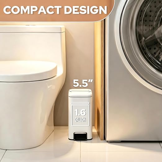 Small Bathroom Trash Can w/Lid Soft Close, 6 Liter/1.6 Gallon Stainless Steel Garbage Can w/Inner Bucket, Trash Bin Waste Basket for Kitchen, Bedroom, Living Room, Office, Toilet, White