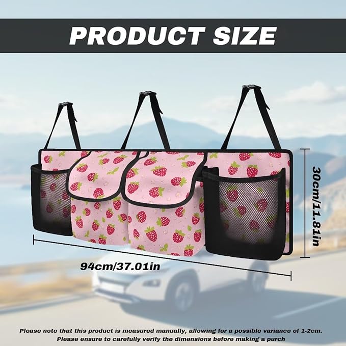 Large Capacity Car Trunk Organizer, Pink Strawberry Waterproof Oxford Backseat Hanging Storage Bag with 4 Pockets, Foldable Car Organization for Car Tools, Car Accessory for SUV Truck