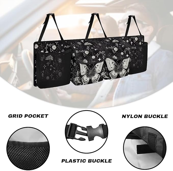 Dreaweet Goth Butterfly Car Trunk Organizer Hanging Back Seat Storage Bag with 4 Pockets,Waterproof Adjustable Large Capacity Collapsible Trunk Organizer for SUV Trucks Sedan