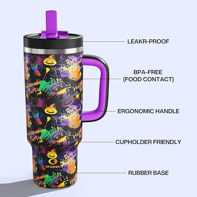 ENCOOL 40 oz Tumbler with Handle and Straw: Stainless Steel Insulated Tumbler Keeps Cold for 24 Hours, Leakproof Travel Cup Fits in Cup Holder and BPA-Free, Ghost Party