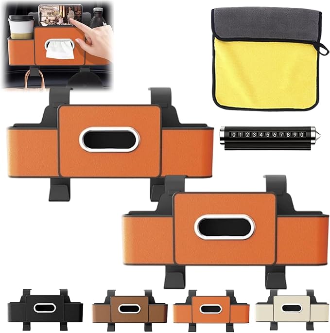 3-in-1 Car Backseat Organizer, Car Organizers and Storage Box with 2 Cup Holders & 4 Hooks, Multifunctional Car Seat Back Storage Box with Tissue Box, for Phone, Snacks, Drinks, Handbag (Orange, 2PCS)