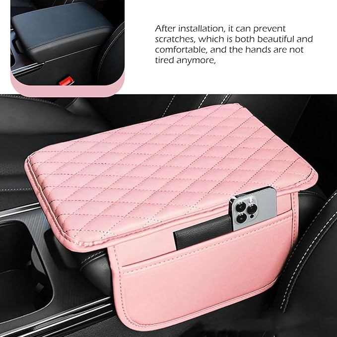 Center Console Cover, Microfiber Leather Arm Rest Cover Cushion with 2 Storage Bags, Middle Console Protective Cover, Car Accessories for Women, Universal for Trucks, Cars, SUVs (Pink)