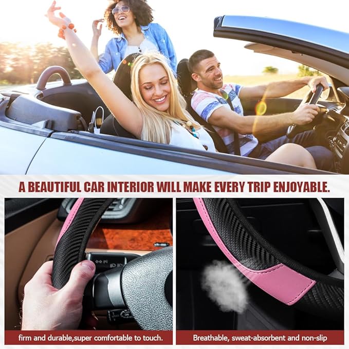 Car Steering Wheel Cover, Steering Wheel Protector, Universal 14.5-15 Inch Microfiber Leather Breathable Auto Steering Wheel Covers, Carbon Fiber Steering Wheel Cover for Women Men (Pink)