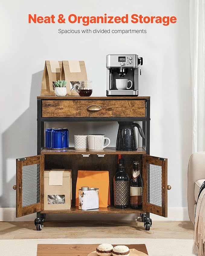 24 Inch Farmhouse Coffee Bar Cabinet with Wheels, Mobile Station with Mesh Door & Storage, Sideboard for Kitchen, Entryway, and Dining Room
