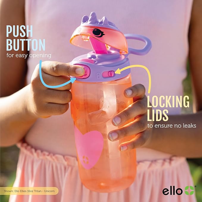 Ello Ellies 16oz Plastic Kids Water Bottle with Straw and Built-in Carrying Handle and Leak-Proof Locking Lid for School backpack, Lunchbox and Outdoor Sports, Dog