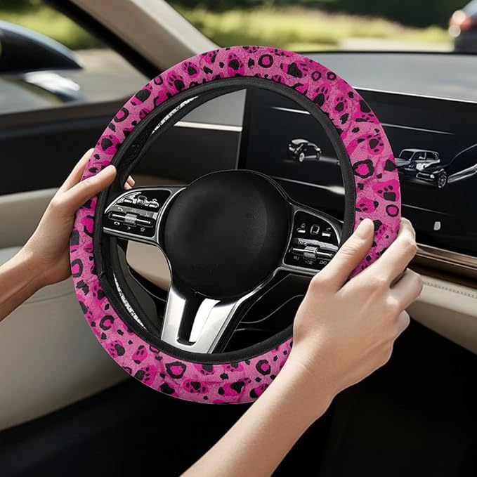 Universal Non-Slip Steering Wheel Cover, 15-inch Polyester Material Driving Accessories, Adjustable for Car and Truck(Cool Purple Leopard Print)