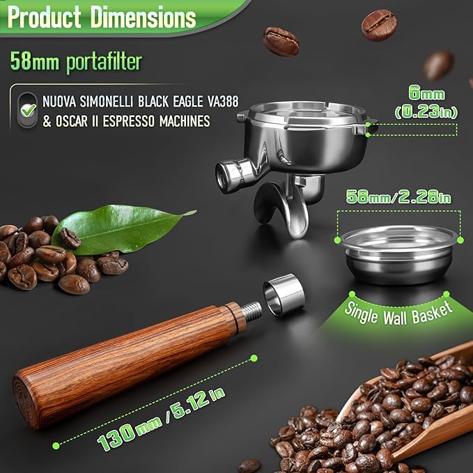 58mm Portafilter for Nuova Simonelli Black Eagle VA388 & Oscar II - Dual Spout Handle with Rosewood Grip, 304 Stainless Steel Basket
