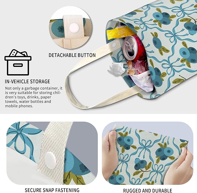 Cute Car Trash Can, Hanging Canvas Car Back Seat Organizer and Storage Bag, Funny Car Trash Bag for Travelling, Outdoor Cute Blueberry