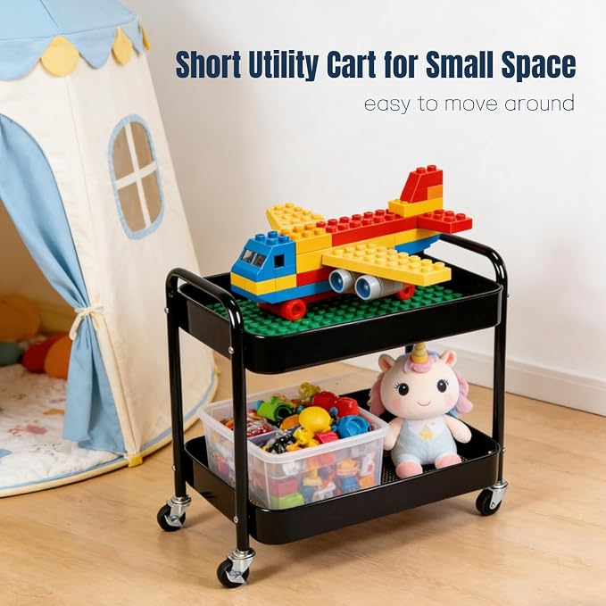 2 Tier Short Rolling Cart with Wheels for Under Desk Storage & Panrty Floor Organizer, Large Capacity Metal Kitchen Utility Cart, Sturdy Makeup Organizer for Small Space with 4 Hooks, Black