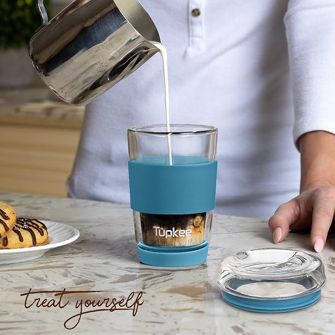 Tupkee Double Wall All Glass Tumbler - 8-Ounce, Reusable Insulated Tea/Coffee Mug & Lid, Hand Blown Glass Travel Mug - Niagara - 2 Pack