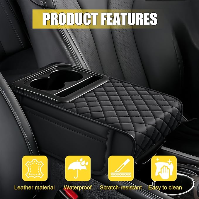 Car Center Console Armrest Cushion, Memory Foam Ergonomic Car Arm Rest Cushion with Cup Holder & Phone Storage& 2 Sided Pockets, Waterproof Leather Armrest Box Protector, 13.78" x 7.78" (Black)