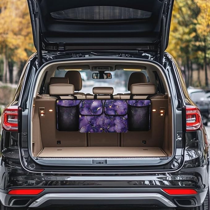Purple Marble Hanging Trunk Organizer for SUV, Car Organizer, Waterproof Back Seat Organizer for SUV, Car Organizers and Storage with Adjustable Straps, Car Storage Organizer