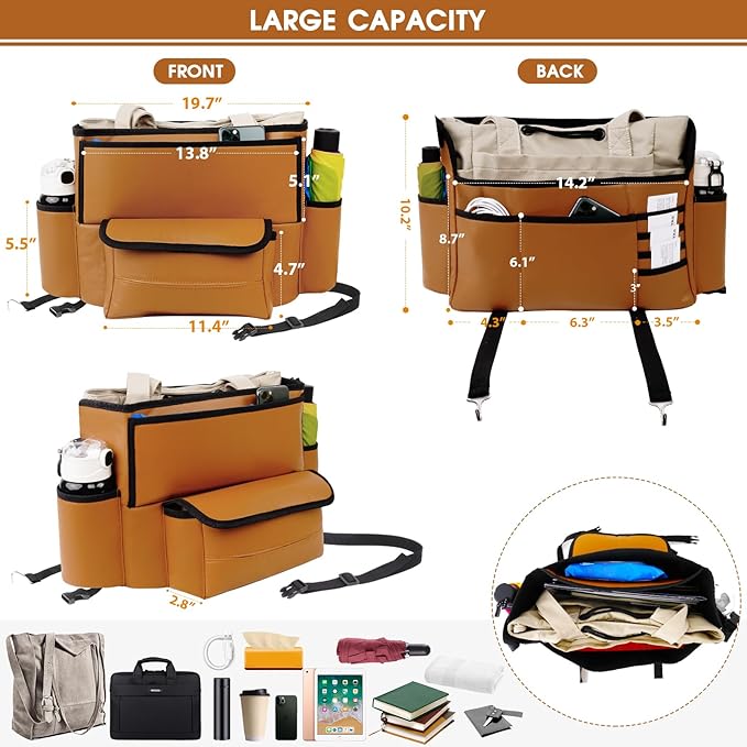 Car Purse Holder Between Seats, Car Seat Purse Handbag Holder, Automotive Consoles Organizers Storage Barrier Car Interior Accessories, Leather Large Capacity (Brown)