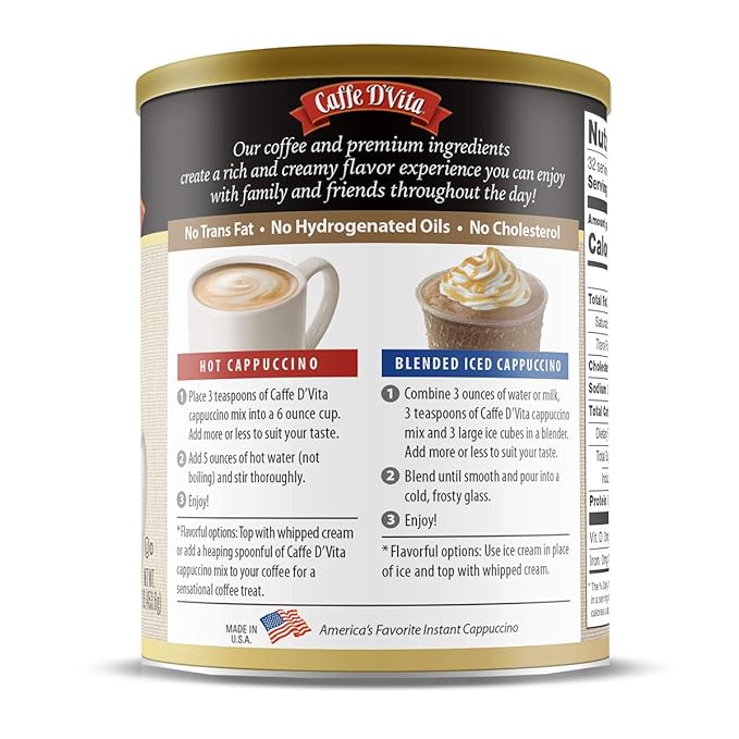 Caffe D'Vita Instant Hazelnut Cappuccino Mix - Instant Hazelnut Ground Coffee Beans, Gluten Free, No Cholesterol, No Hydrogenated Oils, No Trans Fat, 99% Caffeine Free - 1 Lb Can