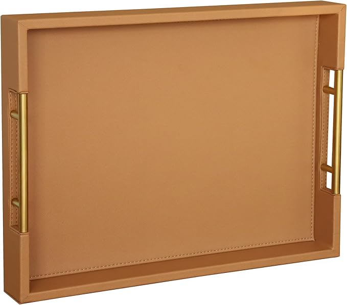 HofferRuffer Faux Leather Serving Tray with Gold Metal Handles, Stylish Decorative Tray Organizer for Coffee Table, Ottoman, Home Decor and Serving (Camel, 16.2" x 12.2" x 2")