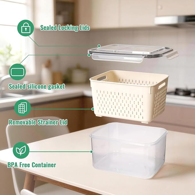 5 PCS Fruit Storage Containers for Fridge Produce Containers for Fridge with Removable Colander Berry Storage Containers Veggie BPA-Free Plastic Crisper for Long-Term Freshness