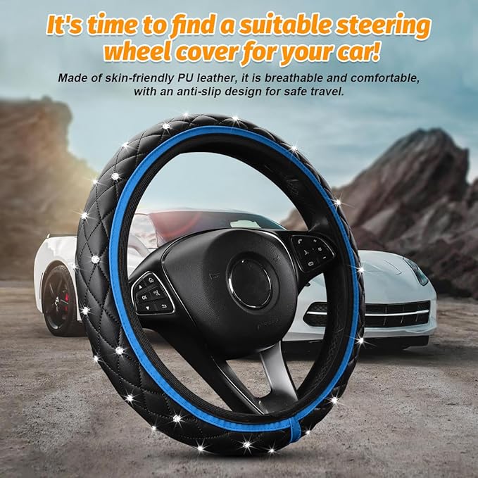 Bling Car Steering Wheel Cover, Rhinestones Elastic Leather Automotive Steering Wheel Protector, 15 Inch Sparkly Crystal Vehicle Interior Decor Accessories, Universal Fit (Blue)