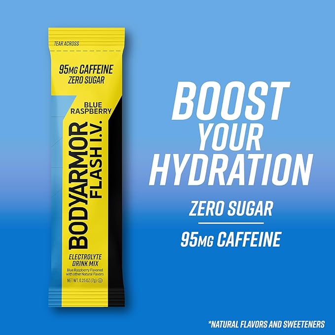 BODYARMOR Caffeinated Flash I.V. Electrolyte Packets Blue Raspberry - Zero Sugar Energy Drink Mix, Serve Packs, Hydration for Pre Workout, Travel Essentials, Active Lifestyle, 6 Count (Pack of 2)