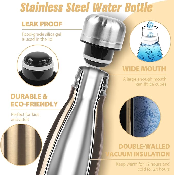 Sfee Insulated Water Bottle, 17 oz Stainless Steel Water Bottles, Double Wall Vacuum Reusable Water Bottles Leak Proof BPA-FREE Sports Bottle Cup Keep Hot&Cold for Running Gym Workout Cycling Kids