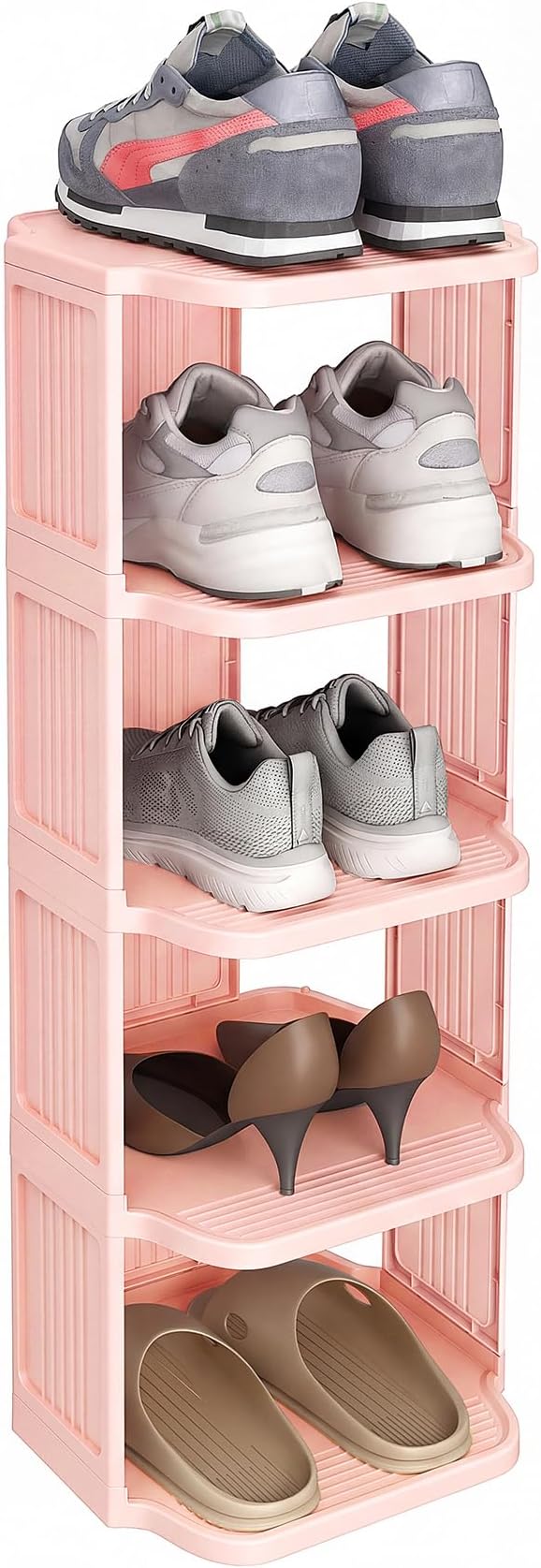 Kitstorack 5-Tier Vertical Plastic Shoe Rack, Freestanding Stackable Shoe Storage Organizer Cubes Shoe Shelf Tower or Small Closets and Tight Spaces, Pink