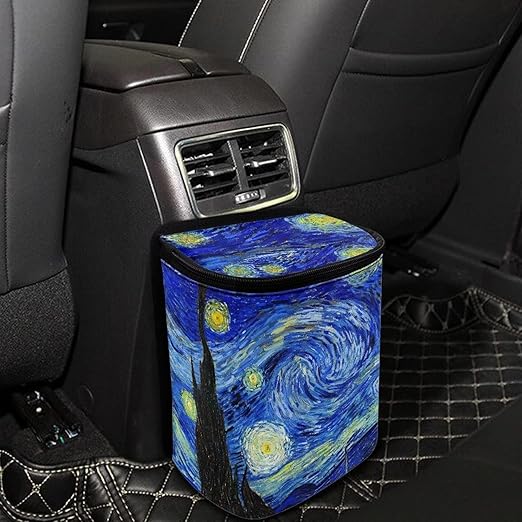 Van Gogh Starry Sky Car Trash Can Car Interior Accessories Organizer Garbage Bag Dustbin Container with Lid Waste Basket Storage Pockets Hanging Vehicle Trash Bin